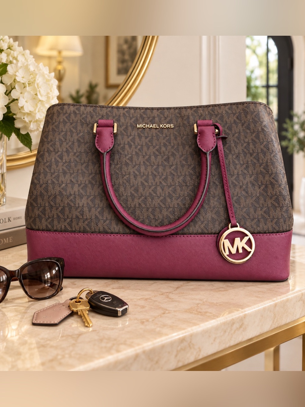 Michael Kors Savannah Large Signature Satchel Brown Burgundy